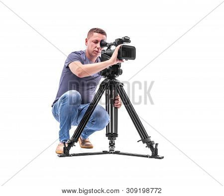 Cameraman. Video Camera Operator Isolated On A White Background.