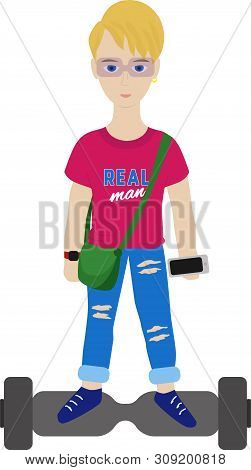 Cartoon Hipster Man With Phone On Gyroscooter. A Confident Young Man In A Flat Style.