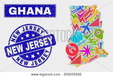 Mosaic Service Ghana Map And New Jersey Stamp. Ghana Map Collage Constructed With Scattered Colored 
