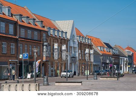 Ringsted Denmark - April 8. 2018: Stores On The Street In The City Center