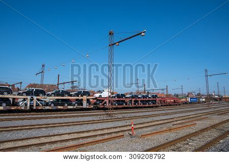 Ringsted Denmark - April 8. 2018: Car Transport Train With New Modern Cars