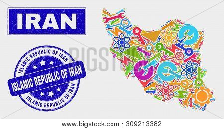 Mosaic Service Iran Map And Islamic Republic Of Iran Seal Stamp. Iran Map Collage Constructed With S