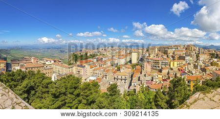 Picturesque Panoramic Aerial View Of Enna Old Town, Sicily, Italy. Enna Is A City And Comune Located