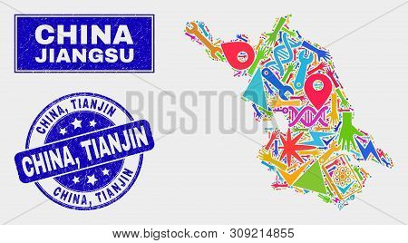 Mosaic Service Jiangsu Province Map And China, Tianjin Seal Stamp. Jiangsu Province Map Collage Desi