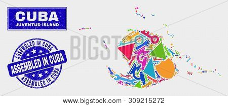 Mosaic Service Juventud Island Map And Assembled In Cuba Seal Stamp. Juventud Island Map Collage For