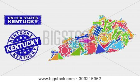 Mosaic Tools Kentucky State Map And Kentucky Seal Stamp. Kentucky State Map Collage Created With Ran