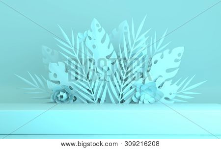 Tropical Paper Palm, Monstera Leaves And Flowers Frame, Podium Platform For Product Presentation. Su