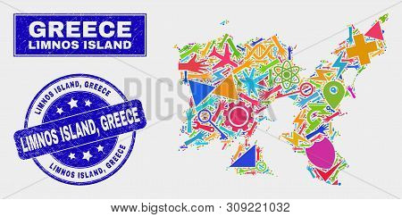 Mosaic Service Limnos Island Map And Limnos Island, Greece Stamp. Limnos Island Map Collage Made Wit