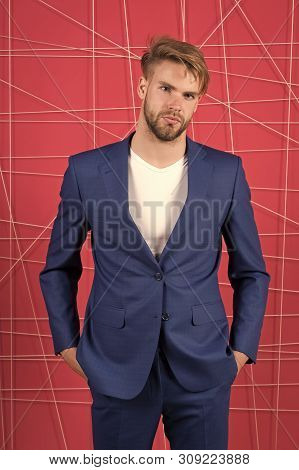 Man Well Groomed Manager Wear Elegant Formal Suit Pink Background. Manager Confident Wear Perfect Ou