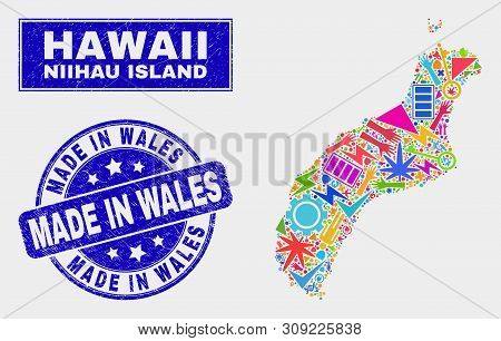Mosaic Industrial Niihau Island Map And Made In Wales Seal Stamp. Niihau Island Map Collage Composed