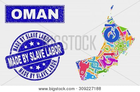 Mosaic Industrial Oman Map And Made By Slave Labor Stamp. Oman Map Collage Made With Randomized Colo