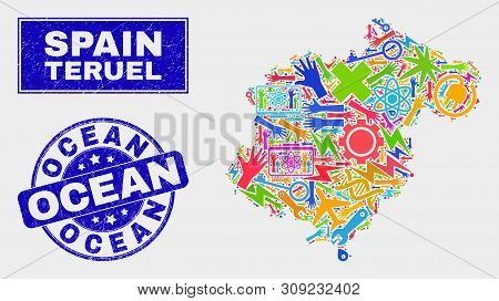 Mosaic Service Teruel Province Map And Ocean Seal Stamp. Teruel Province Map Collage Made With Rando