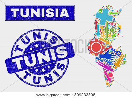 Mosaic Tools Tunisia Map And Tunis Stamp. Tunisia Map Collage Designed With Randomized Colored Tools