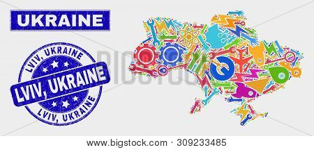 Mosaic Service Ukraine Map And Lviv, Ukraine Stamp. Ukraine Map Collage Composed With Randomized Bri