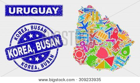 Mosaic Tools Uruguay Map And Korea, Busan Seal Stamp. Uruguay Map Collage Formed With Randomized Bri