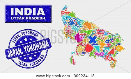 Mosaic Technology Uttar Pradesh State Map And Japan, Yokohama Seal Stamp. Uttar Pradesh State Map Co
