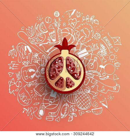 Healthy Lifestyle Concept With Sport And Healthy Diet Doodles And Icons - Sport, Food, Happy And Nor