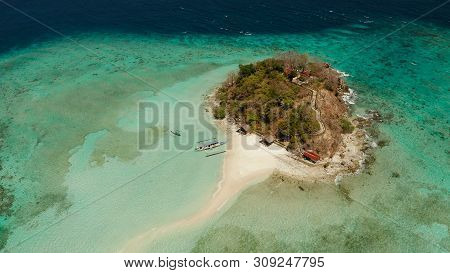 Aerial Seascape Tropical Island And Sand Beach, Turquoise Water And Coral Reef. Malacory Island, Phi