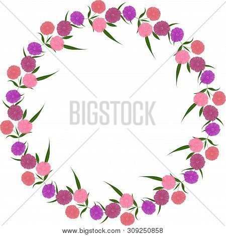 Frame Made Of Flowers  And Leaves In Circle On White Background. Floral Round Border. Vector Illustr