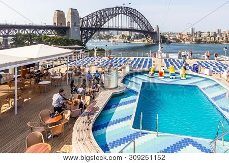 Sydney, Australia - January 5th 2014:  Aft Deck Swimming Pool Of A Cruise Ship Moored In The Harbour