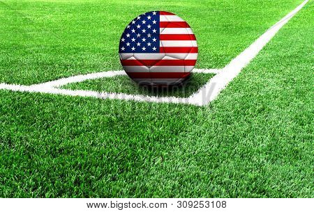 Soccer Ball On A Green Field, Flag Of America