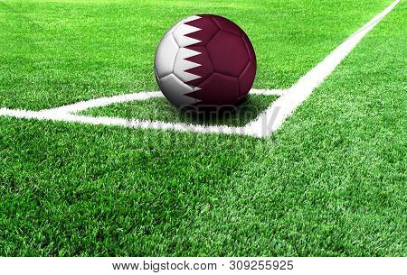 Soccer Ball On A Green Field, Flag Of Qatar