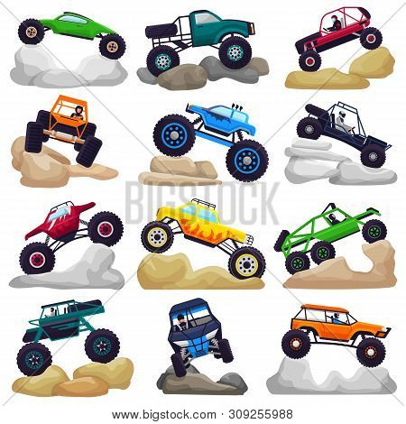 Monster Truck Vector Cartoon Vehicle Or Car And Extreme Transport Crawling In Rocks Illustration Set