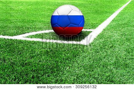 Soccer Ball On A Green Field, Flag Of Russia