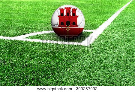 Soccer Ball On A Green Field, Flag Of Gibraltar
