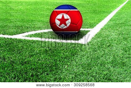 Soccer Ball On A Green Field, Flag Of North Korea