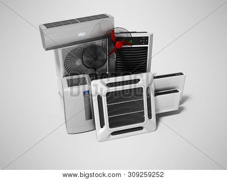 Concept Group Of Equipment For Cooling And Air Conditioning View Of 3d Render On Gray Background Wit
