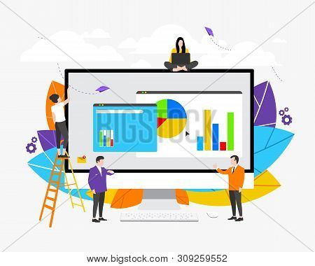 Vector Illustration. Team Work. A Group Of People Is Developing A Business Project. Investment And P