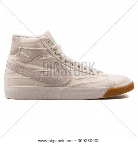 Vienna, Austria - August 25, 2017: Nike Blazer Mid Premium Vintage Qs Sail Sneaker On White Backgrou