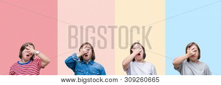 Collage of down syndrome woman over colorful stripes isolated background peeking in shock covering face and eyes with hand, looking through fingers with embarrassed expression.
