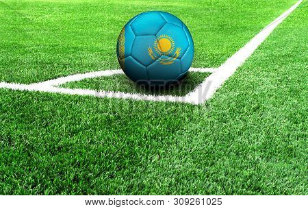 Soccer Ball On A Green Field, Flag Of Kazakhstan