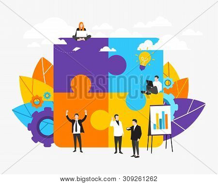 Vector Illustration. Collaboration. Business Concept. People Connect The Elements Of The Puzzle. Fla