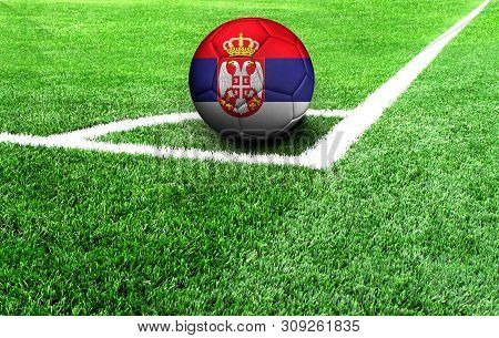 Soccer Ball On A Green Field, Flag Of Serbia
