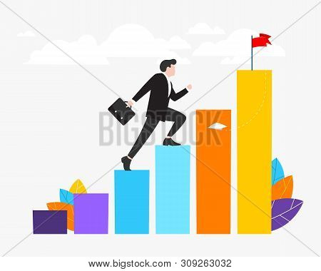 Vector Illustration. A Man Walks Up The Stairs. Motivation. Move Up. Way To Success. Career Growth. 