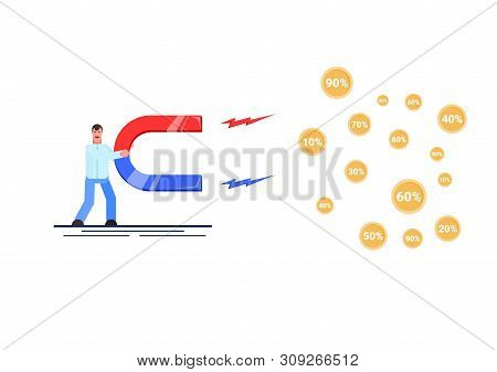 Business Man Holding A Big Magnet And Attraction Of Discounts. Investment Attraction Concept. Effect