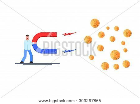 Business Man Holding A Big Magnet And Attracting Cryptocurrency. Investment Attraction Concept. Effe