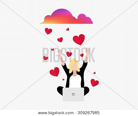 Vector Illustration. The Girl Picked The Huskies In The Network. Rain Of Hearts. Promotion In Social
