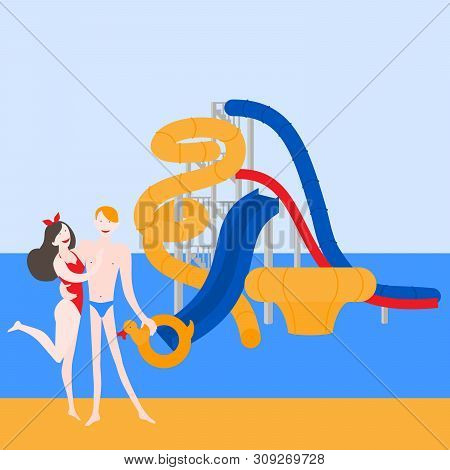 Pool Party In Water Park With Slides. Summer Vacation Entertainment. Cople Having Active Holiday Res