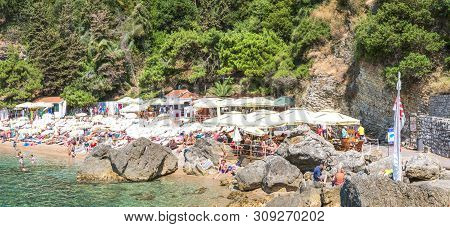 Budva, Montenegro - August 18, 2017: Panorama Of Mogren Beach In Budva, Montenegro - One Of The Most