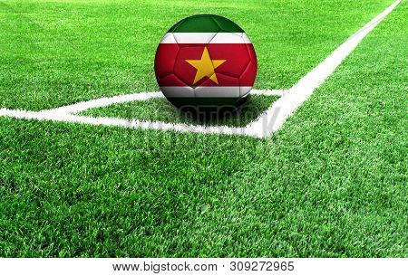 Soccer Ball On A Green Field, Flag Of Suriname