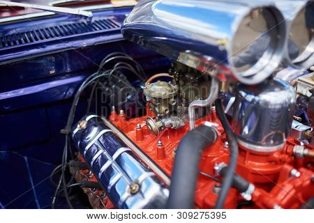 Chrome Supercharger And Engine, On An Old Car. Any Purpose