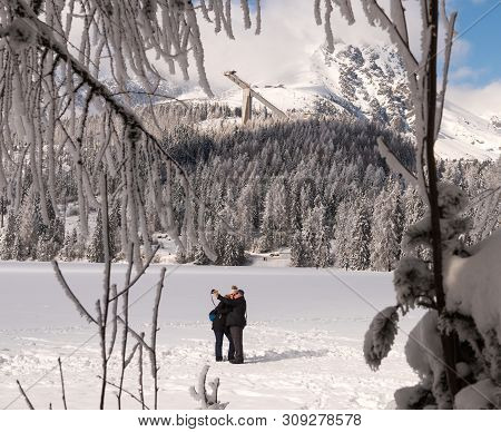Strbske Pleso, High Tatras, Slovakia - February 11, 2018: Lake Strbske Pleso In High Tatras, Slovaki