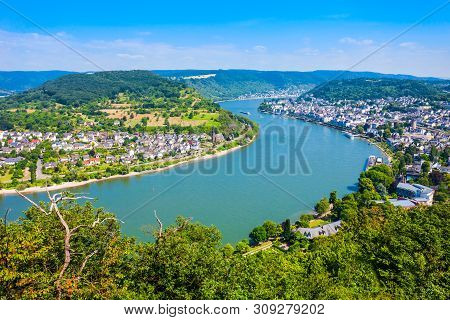 Boppard Town Aerial Panoramic View From Gedeonseck Viewpoint. Boppard Is The Town In The Rhine Valle