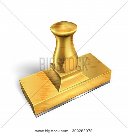 Standing Golden Metal Office Stamp Cliche Vector. Rectangular Business Director Stamp For Signing Co