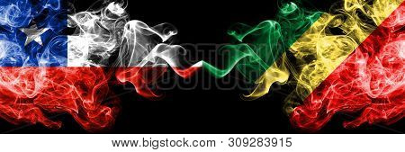 Chile Vs Congo, Congolese Smoky Mystic Flags Placed Side By Side. Thick Colored Silky Smokes Combina