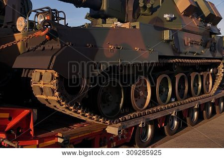 A Howitzer On The Tank Chassis. Over-standard, Atypical Road Transport.